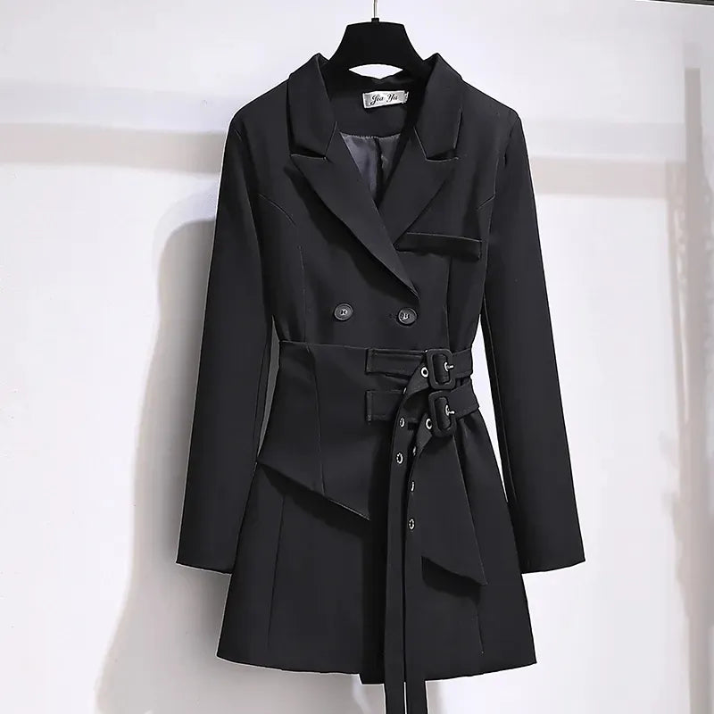 Women Blazer Autumn Women Clothing Belt Coats Long Sleeve Jacket Women Irregular Suit Dress for Women OL Solid Blazer Femme black