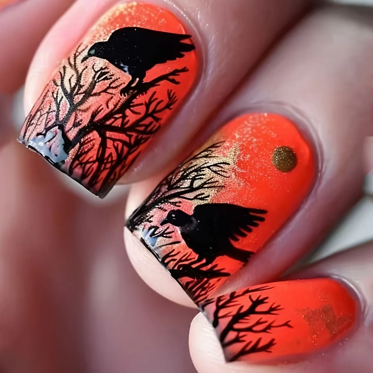 24pcs/set Short Medium fake nails for Halloween party Dead trees and crows bat Night sky Square almond tips press on false nail