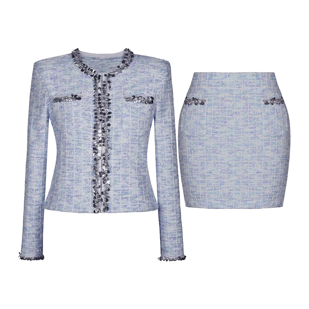 Two Piece Sets for Women Round Neck Long Sleeves Spliced Diamonds Top High Waist Patchwork Pockets Skirt Female New