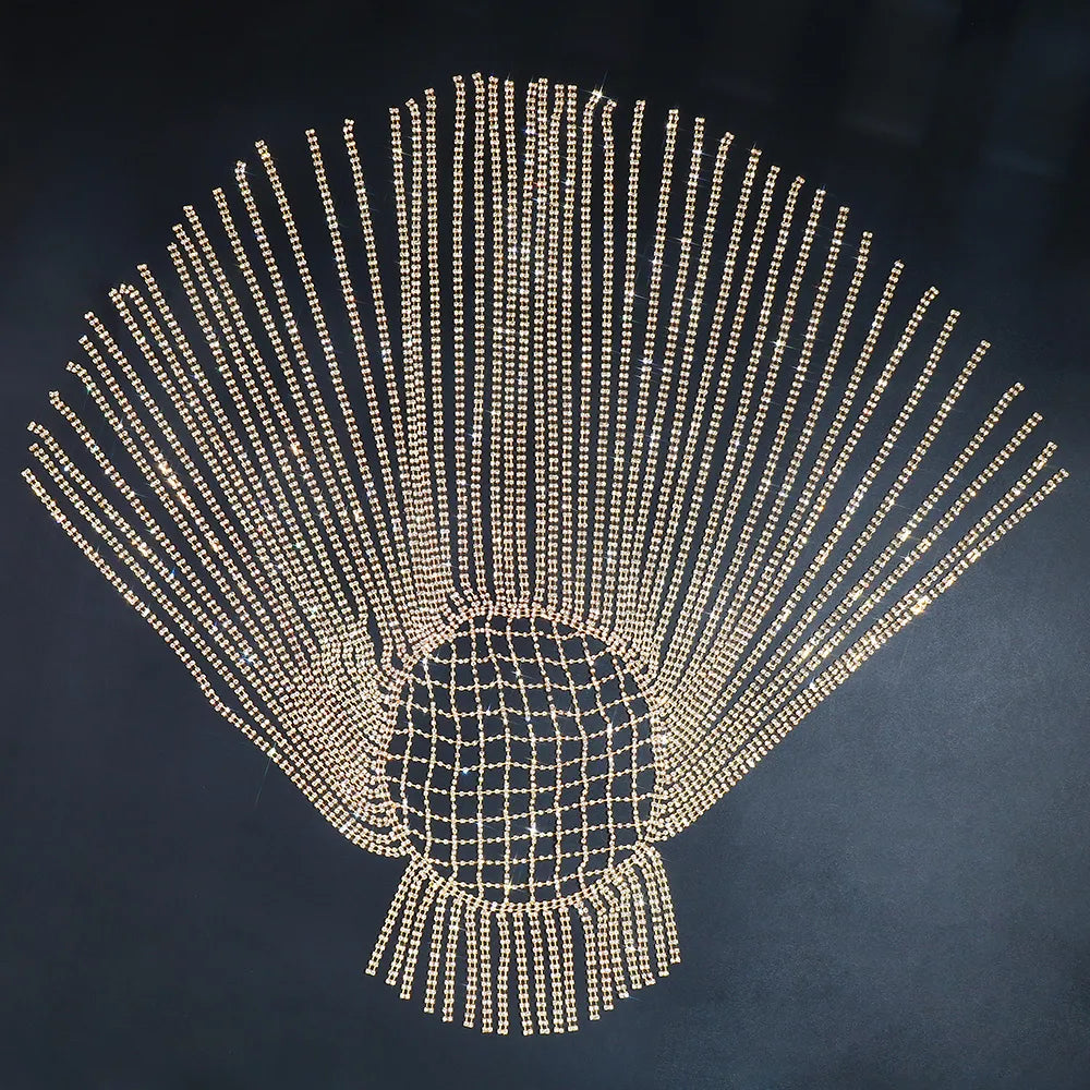 Sexy Stage Costume Rhinestone Chain Wig Headpiece Head Ornament for Women Nightclub Crystal Forehead Headband Hat Cap Jewelry Gold-color