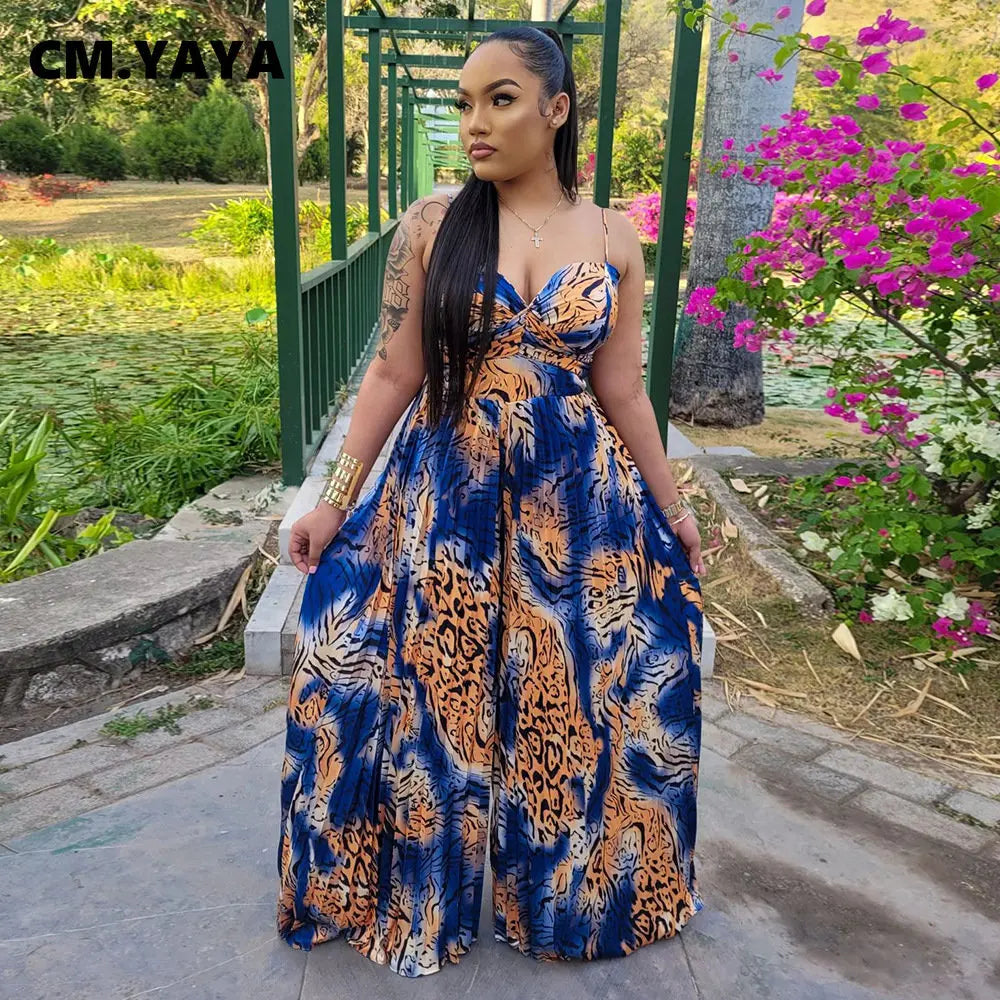 CM.YAYA Women Leopard Spaghetti Strap Loose Wide Leg Sleeveless Jumpsuit 2023 Summer Street Playsuit One Piece Suit Romper