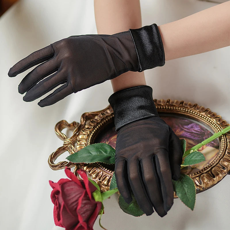 Simple Women Short Wedding Bridal Gloves Smooth Satin Tulle White Brides Bridesmaid Finger Gloves WG019-Black