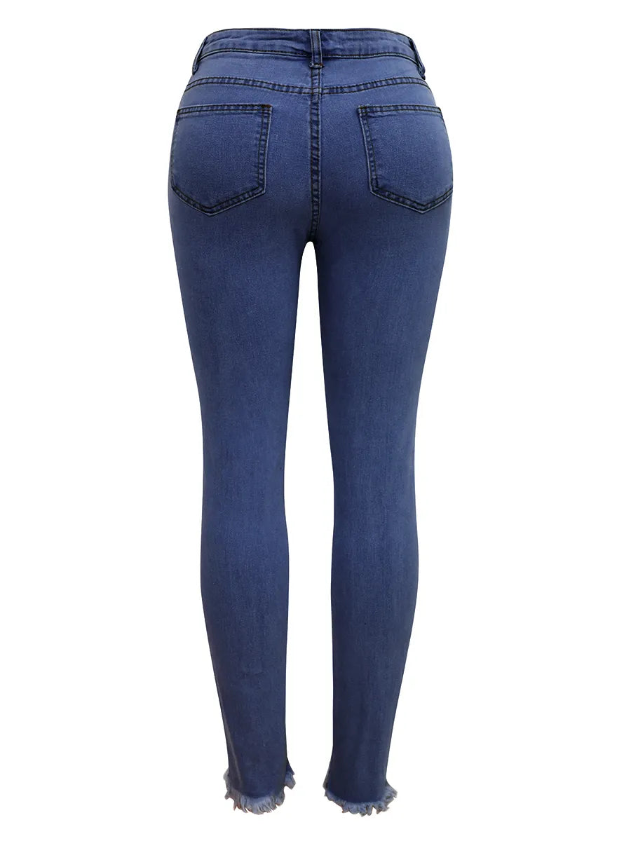 High Stretch Y2K Jeans Mid-Waist Fashion Hollow Out Classic Simple Stylish Distressed Ripped Raw Edges Hem Women Pants