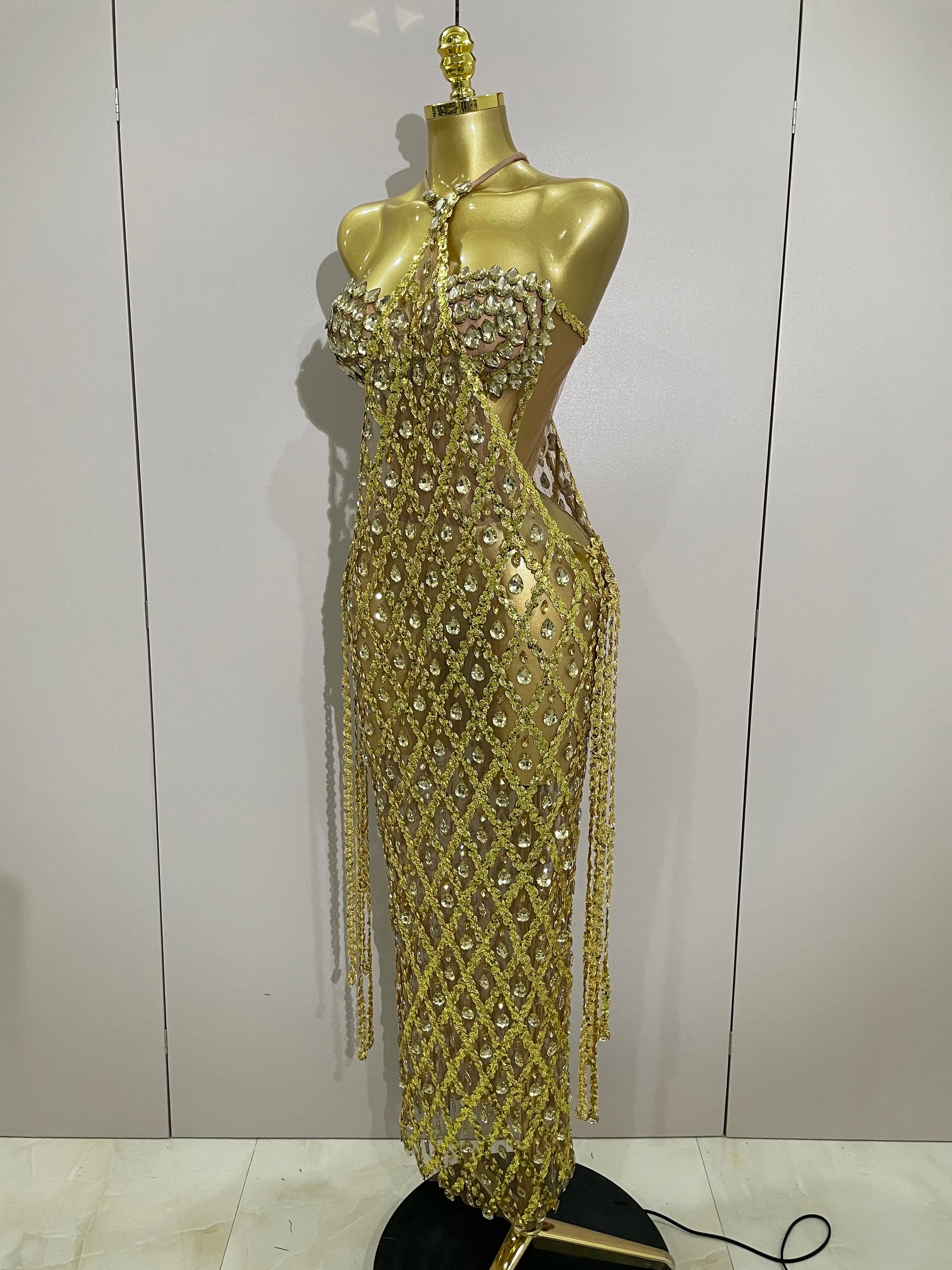 Stock Sexy Sparkly Gold Rhinestones Sleeveless Mesh Two Piece Long Dress 2025 Women Birthday Party Celebrate Prom Stage Costume