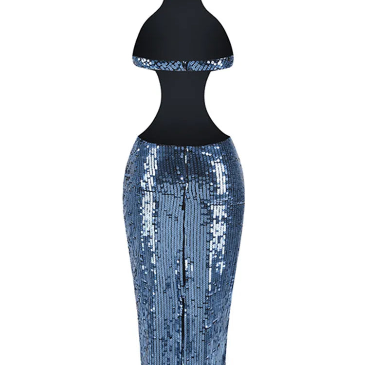 Sexy Backless Halter Mesh Sequins Navy Blue Midi Women Celebrity Dress 2024 Elegant Party Evening Club Vestido