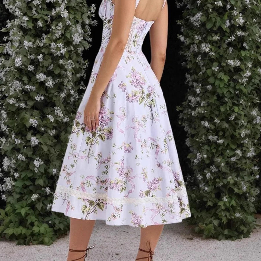 TWOTWINSTYLE Printing Hollow Out Spliced Lace Elegant Dresses for Women Square Neck Sleeveless Patchwork Pockets Dress Female