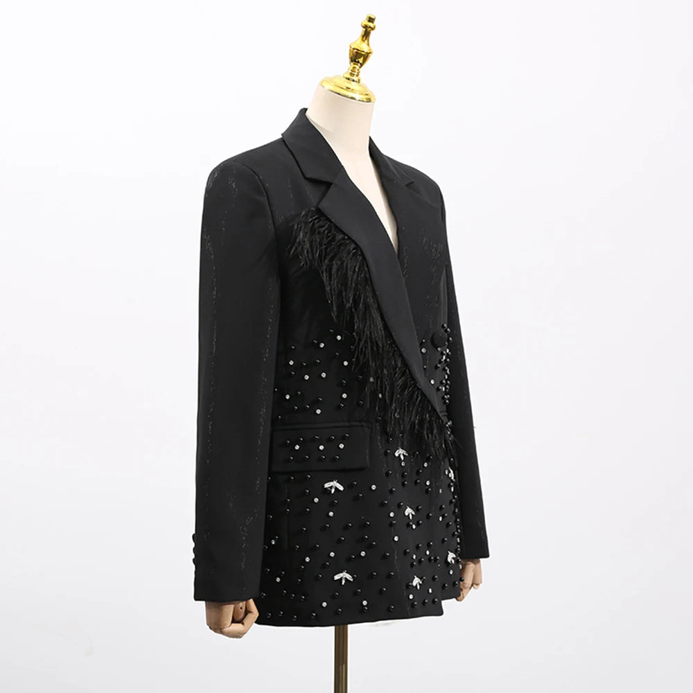 TWOTWINSTYLE Solid Spliced Bead Luxurious Jackets for Women Lapel Long Sleeves Patchwork Single Breasted Jacket Female Clothing