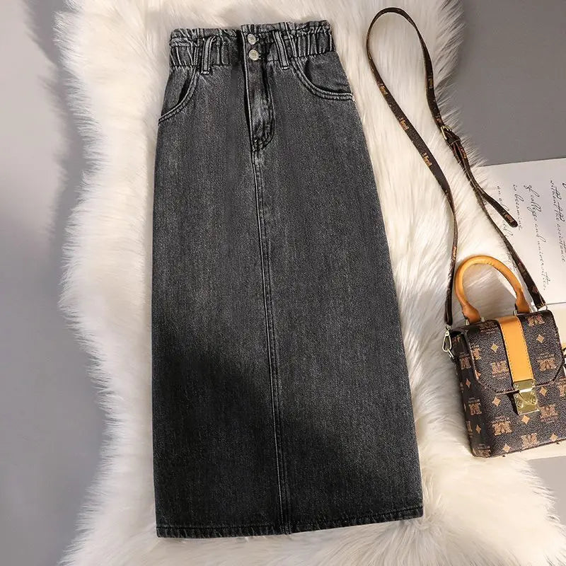Oversized Casual Solid Button Pockets Denim Skirt Summer Office Lady Vintage Slim Elegant Skirts Spring Korean Fashion Faldas black