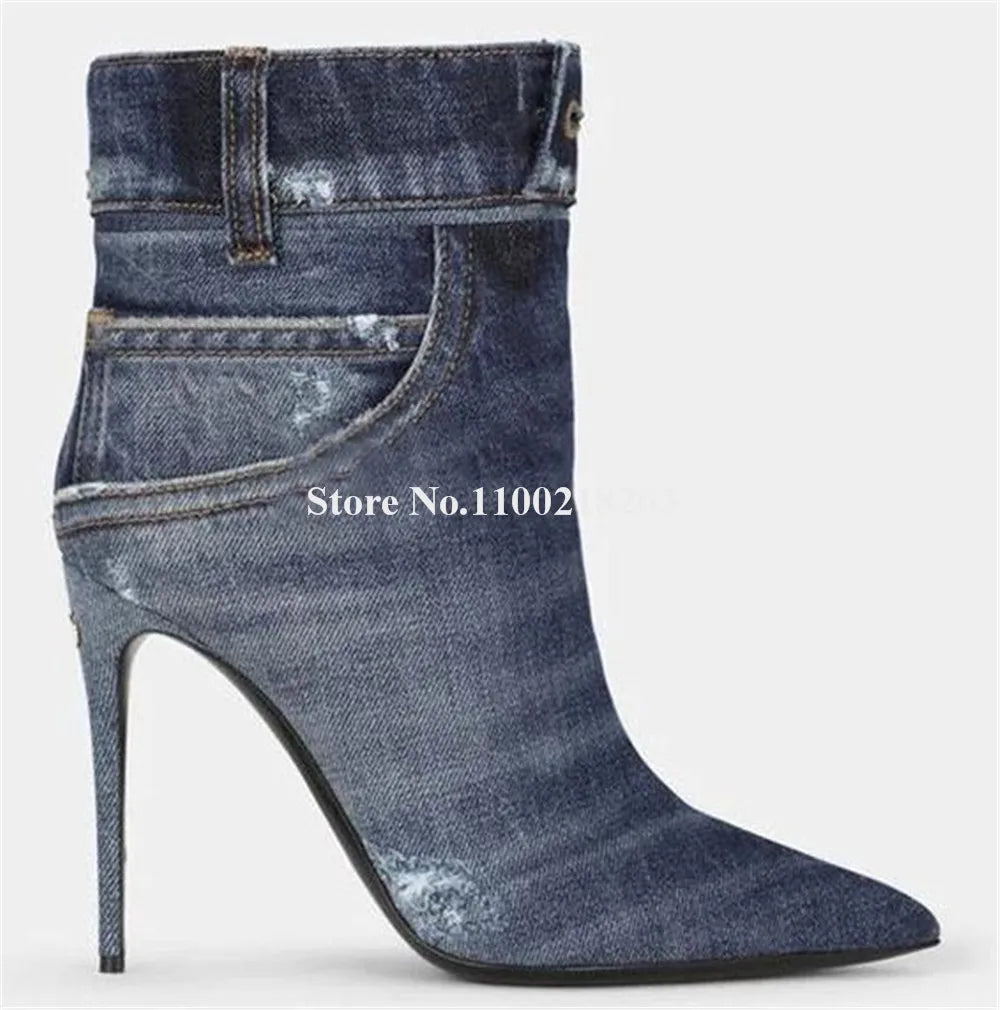 Western Fashion Blue Black Denim Short Boots Pointed Toe Sexy Slip-on Stiletto Heel Jean Ankle Booties Casual High Heels