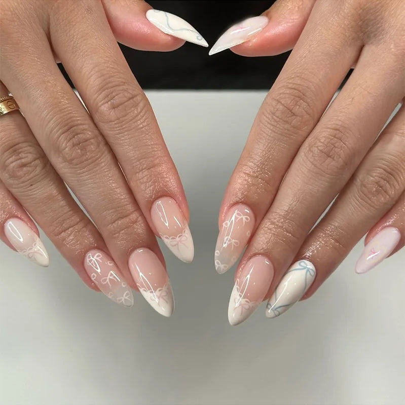 24Pcs Mid-length French Almond False Nails with Pearl Rhinestone Design Press on Nails Art Detachable Full Cover Fake Nails Tips