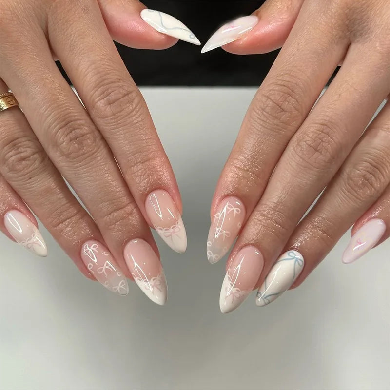 24Pcs Mid-length French Almond False Nails with Pearl Rhinestone Design Press on Nails Art Detachable Full Cover Fake Nails Tips