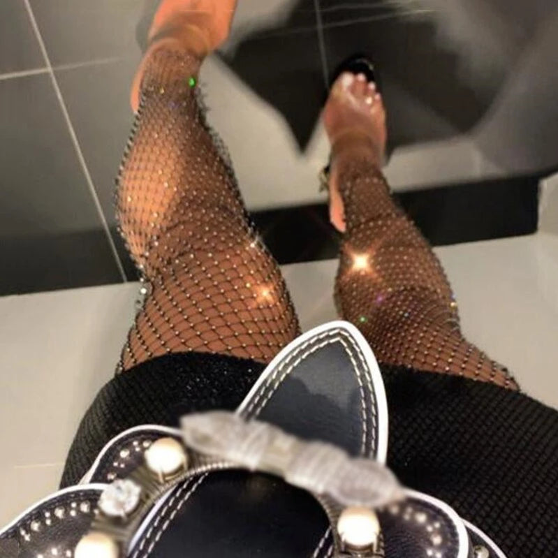 Bling Rhinestone See Through Fishnet Trousers For Women Sexy Mesh Hollow Out Side Split Long Bottoms Pants Club Party Trousers