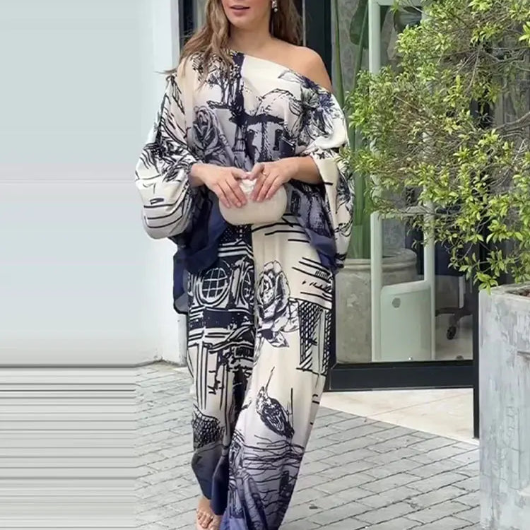 Elegant Satin Blue Print Pants 2 Piece Sets Women Fashion lantern Sleeves Shirt Wide Leg Pant Suits Loose Causal Streetwear