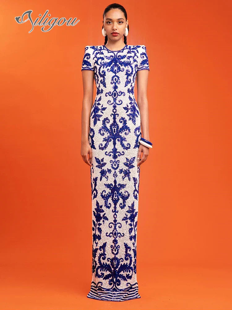 Ailigou Women's Sexy Short sleeved Blue and White Porcelain Printed Tight Long Bandage Dress Elegant Celebrity Party Dress
