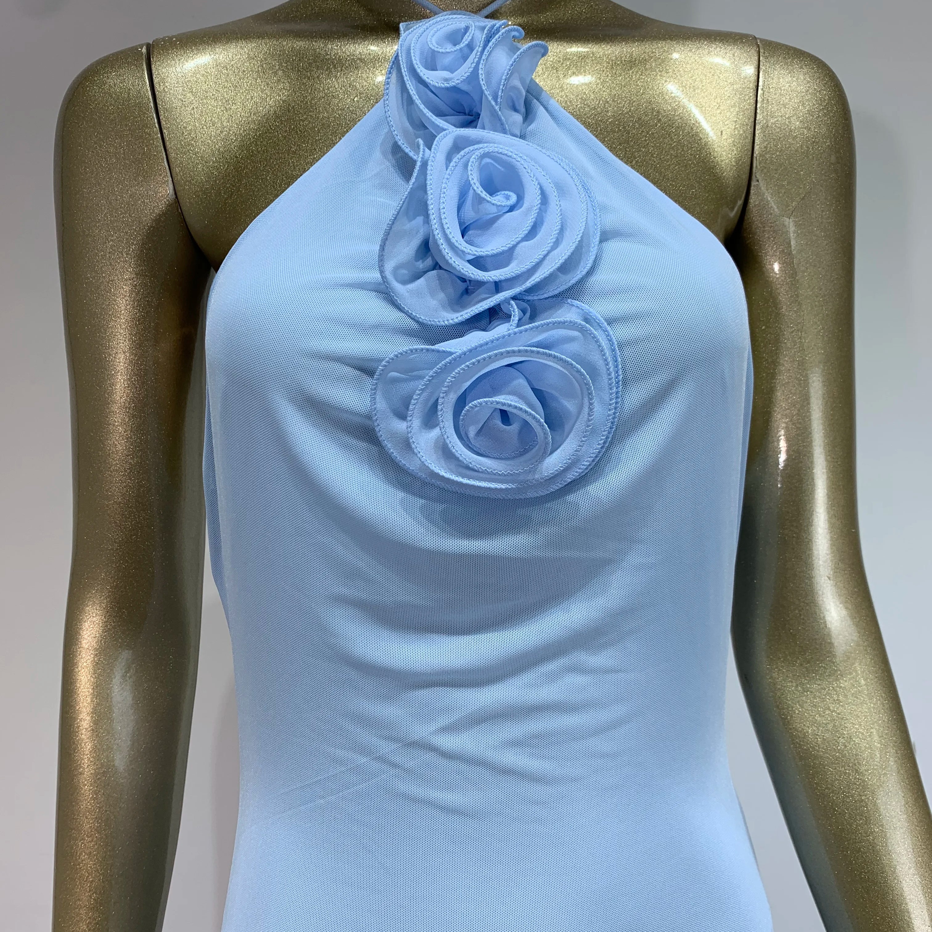 Women Celebrity Sexy Backless Halter Flower Sky Blue Maxi Long Gowns Dress 2024 Elegant Evening Party Club Dress Vestido