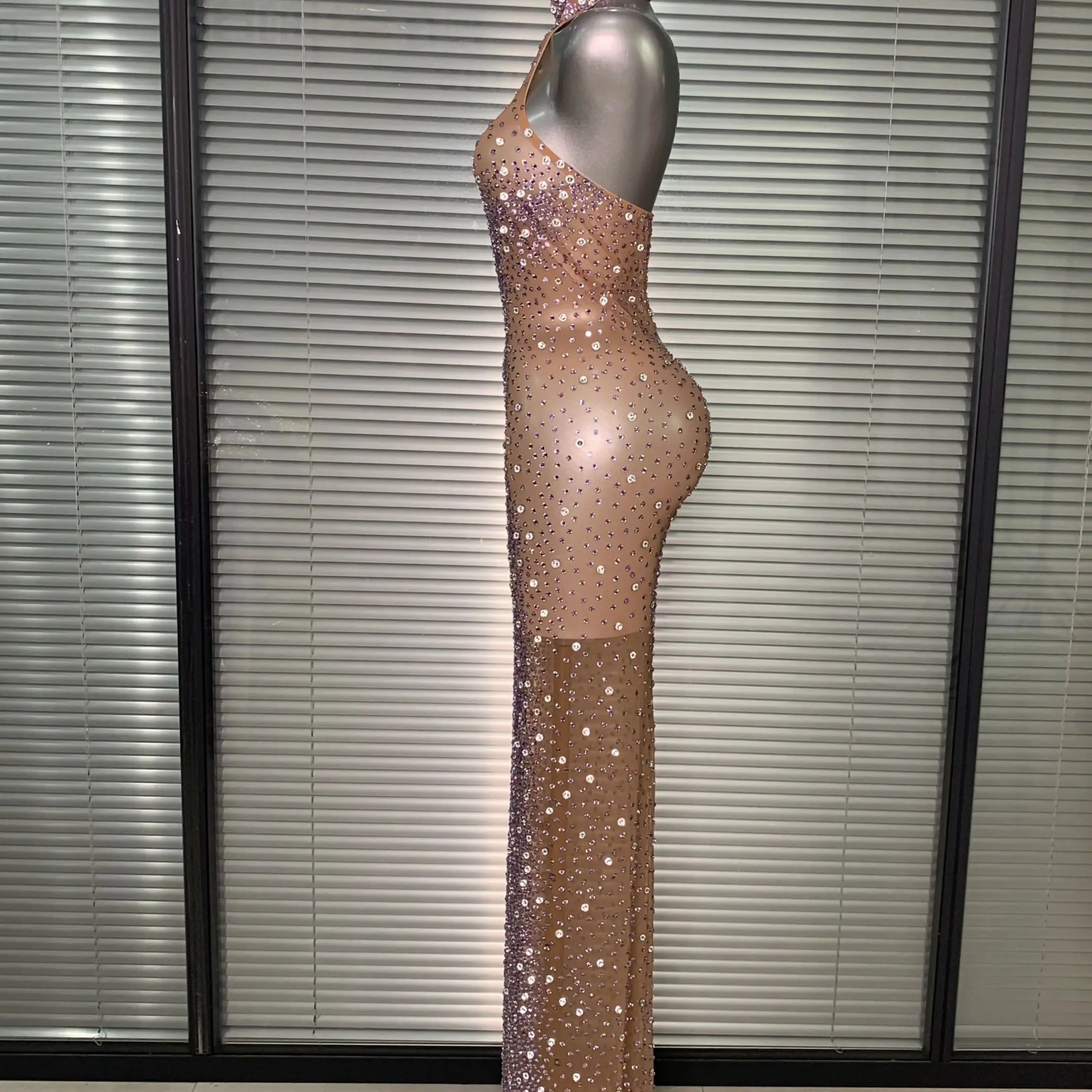 Women Sexy Mesh Crystal Diamonds Shinning Maxi Dress See Through Sheer Party Singer Stage Performance Costume