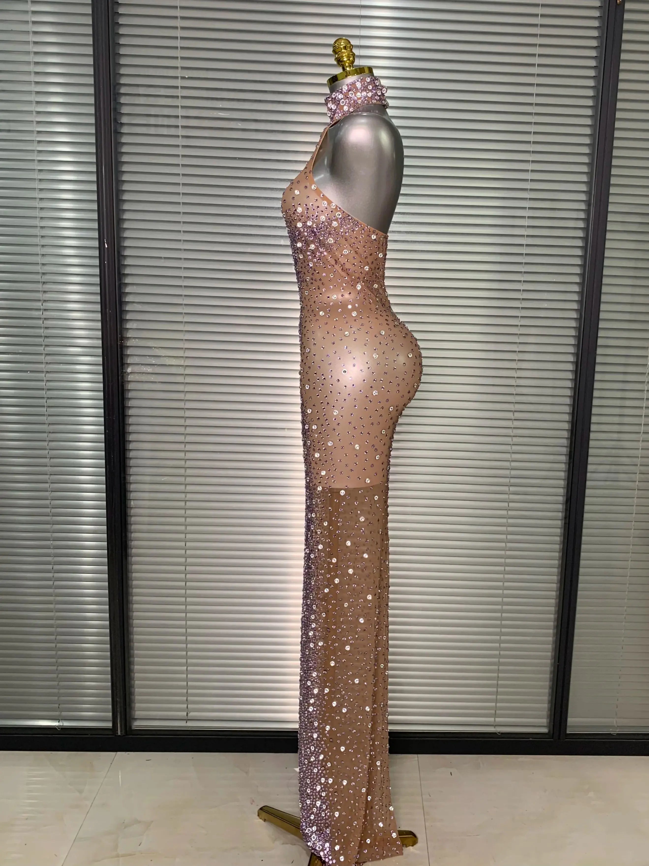 Women Sexy Mesh Crystal Diamonds Shinning Maxi Dress See Through Sheer Party Singer Stage Performance Costume