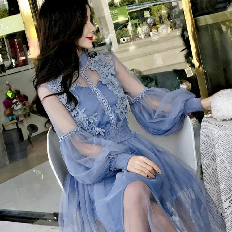 Women Party Lace Flower Dress Gauze Lantern Sleeve Voile Long Dress Female Retro Hook Princess Dress 2 Piece Set