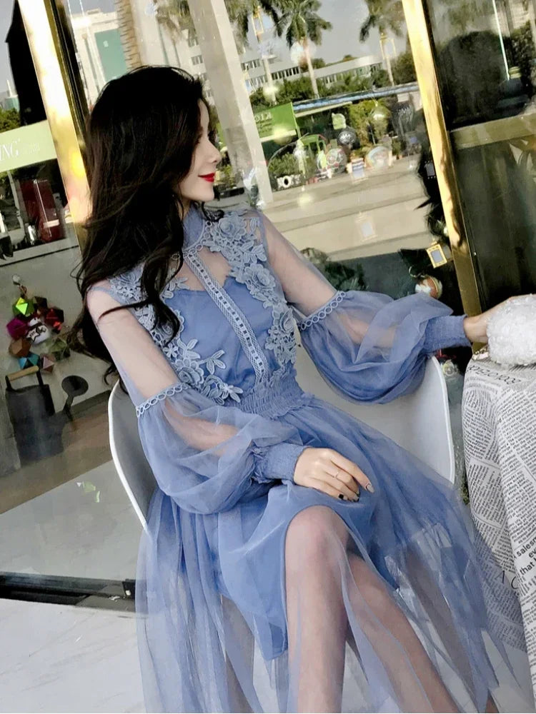 Women Party Lace Flower Dress Gauze Lantern Sleeve Voile Long Dress Female Retro Hook Princess Dress 2 Piece Set