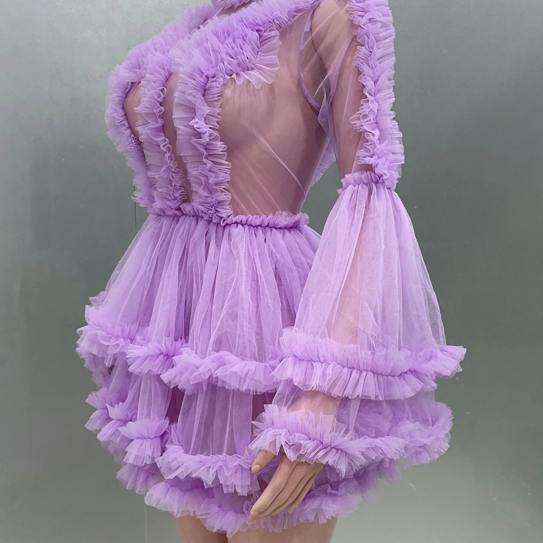 Purple Color Women Sexy  Puff Sleeve Mesh Ruffles Mini Dress Birthday Celebrate Party Girls' Photo Shoot Wear Vestido