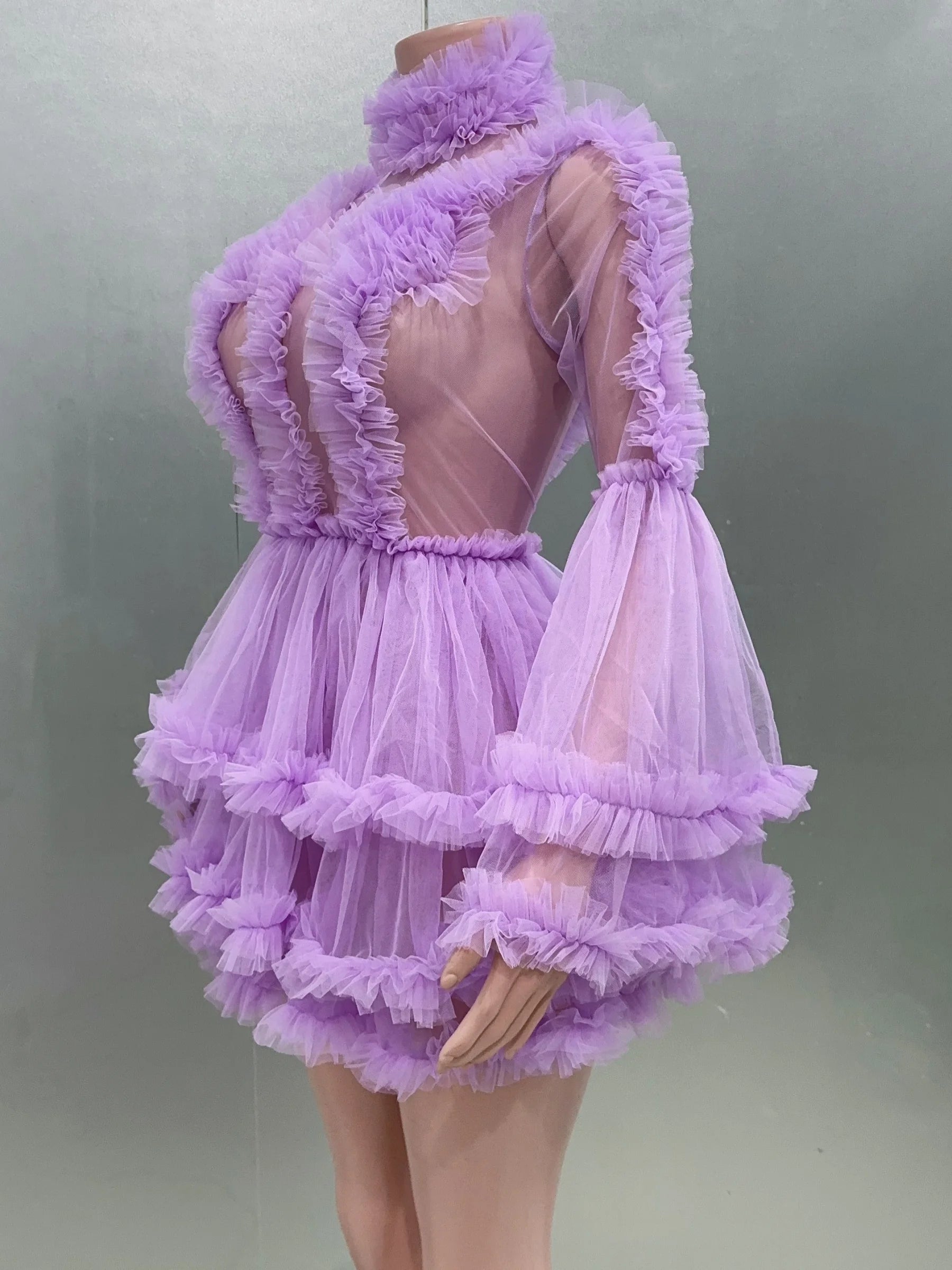 Purple Color Women Sexy  Puff Sleeve Mesh Ruffles Mini Dress Birthday Celebrate Party Girls' Photo Shoot Wear Vestido