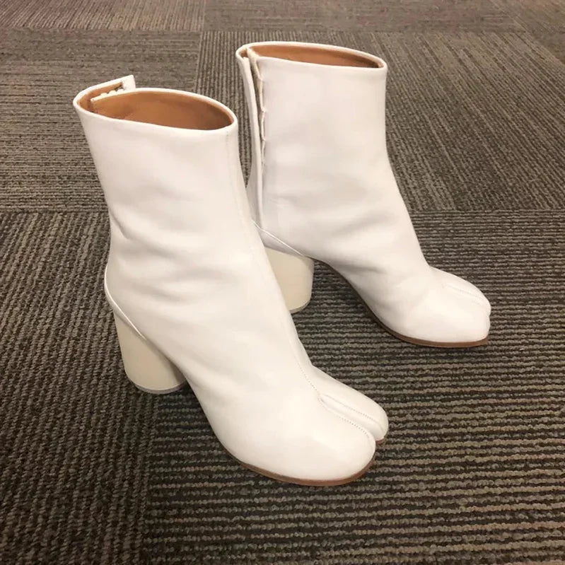 Luxury Brand Design Leather Tabi Boots Fashion Round Chunky High Heel Ankle Boots For Women Autumn Winter Split Toe Shoes white with leather