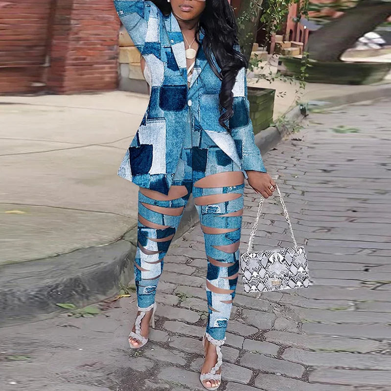 Plus Size Women Two Piece Set Turn Down Collar Vintage Print Autumn Long Sleeve Jacket Blazer Slim Hollow Out Pants Suit 2022