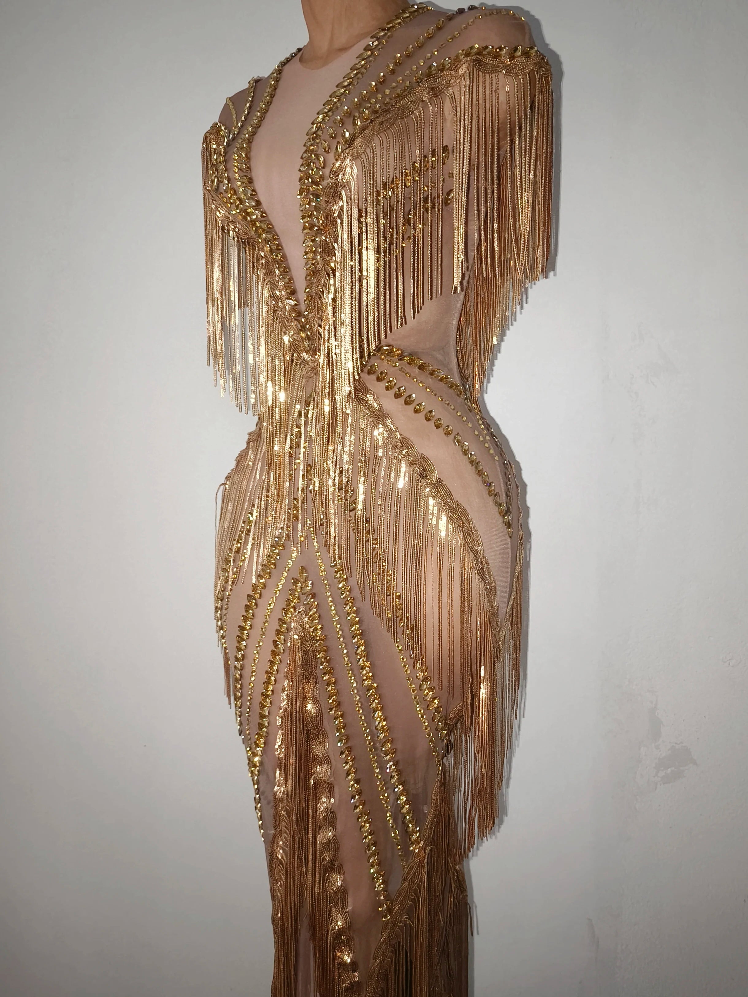 New Women Sexy Mesh Crystal Tassel Sparkly Maxi Dress See Through Gold Silver Party Singer Party Costume Stage Performance Dress