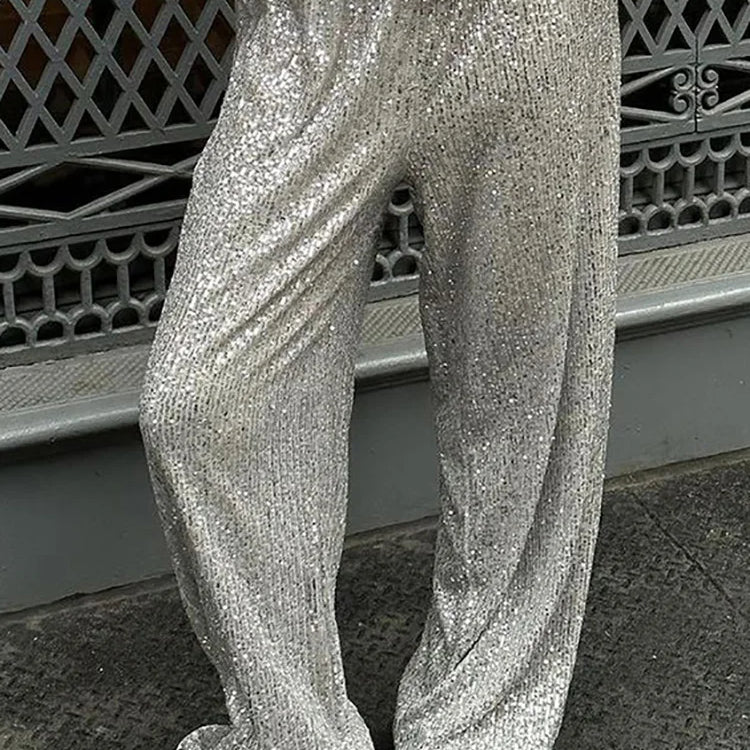 Elastic Waist Patchwork Sequined Trousers Women Loose Fit Streetwear Long Pants Chic Lady Spring Summer Straight Pants New