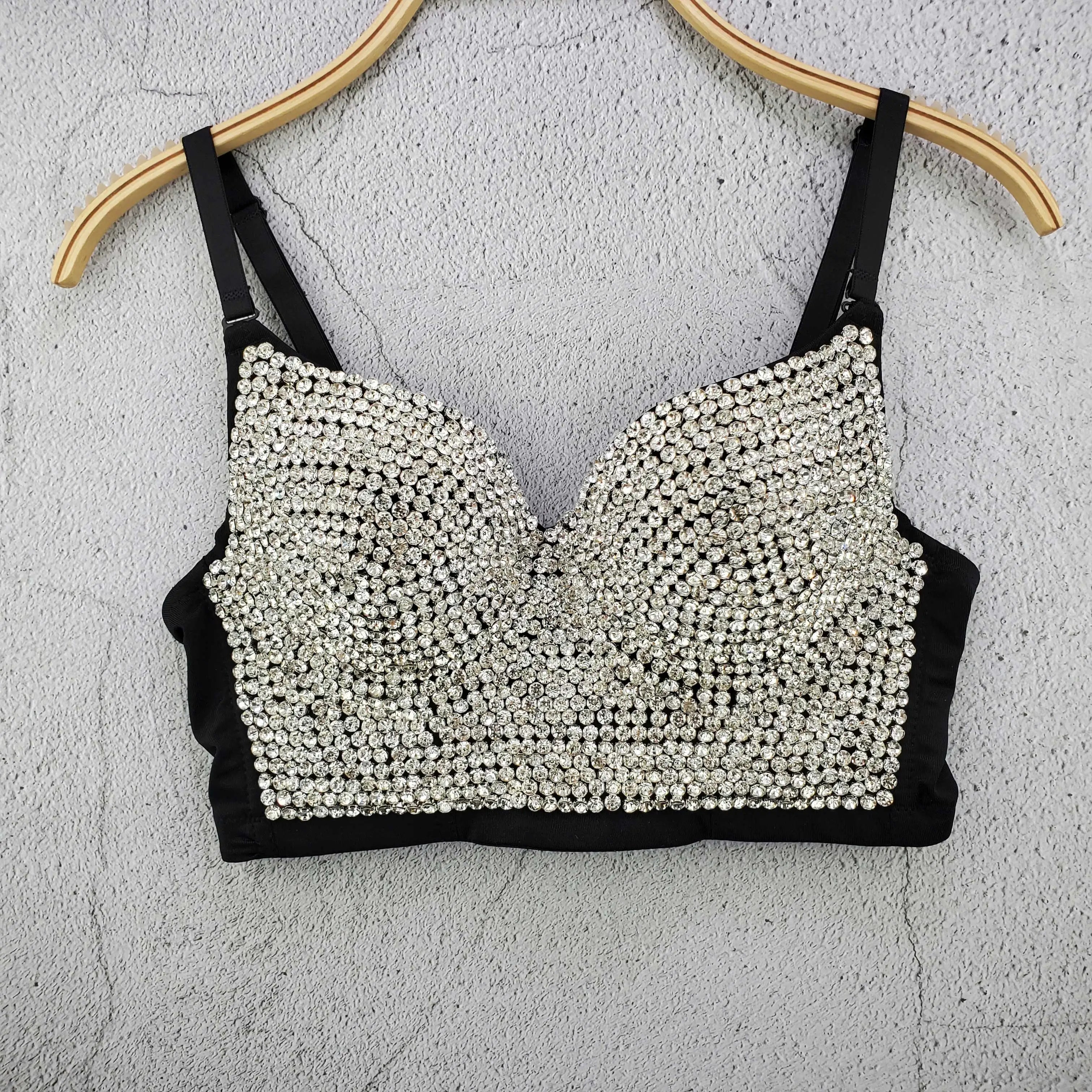 Rhinestone Bead Bustier Corset Pearls Diamond Push Up Night Club Bralette Women's New Fashion Bra Cropped Tops Plus Size