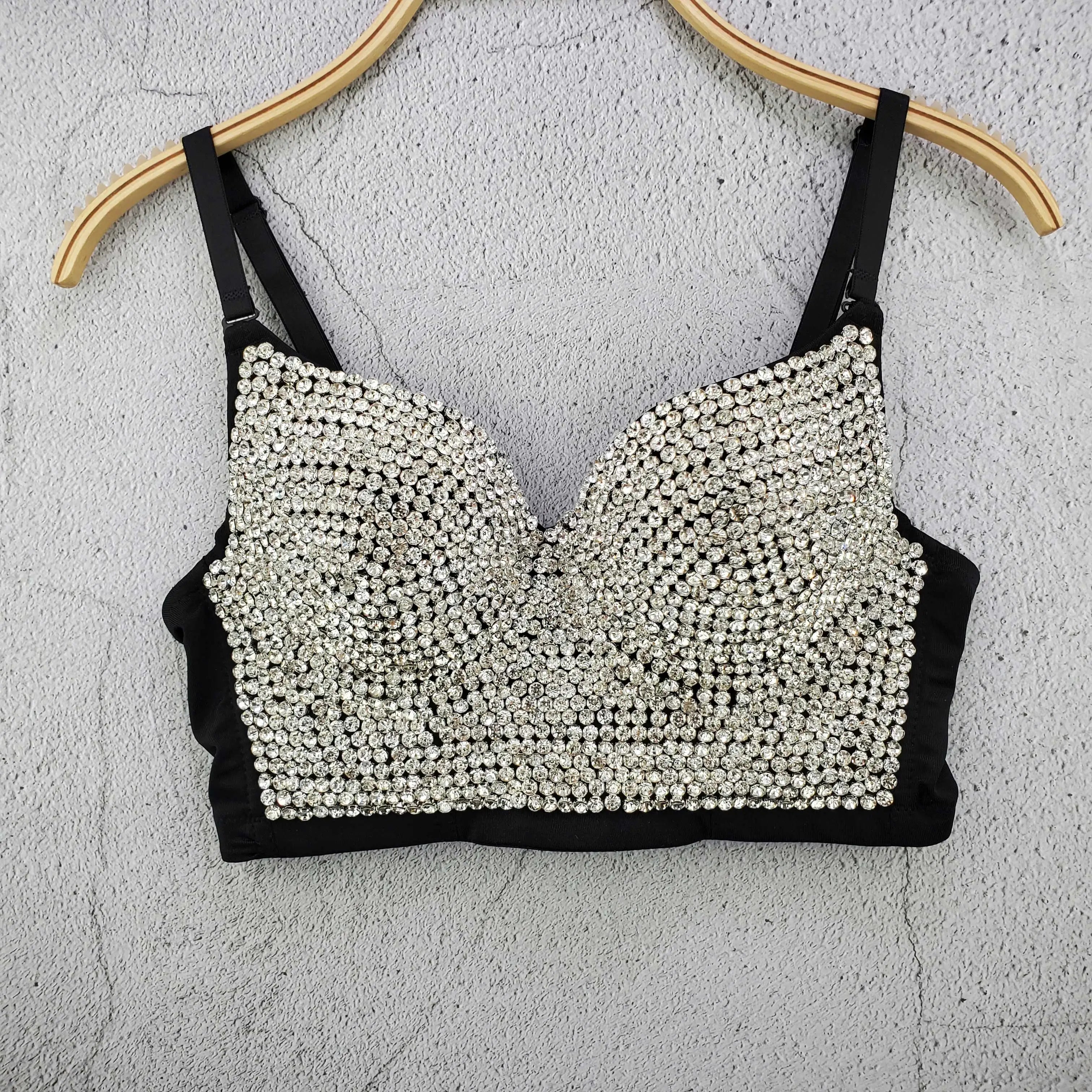 Rhinestone Bead Bustier Corset Pearls Diamond Push Up Night Club Bralette Women's New Fashion Bra Cropped Tops Plus Size
