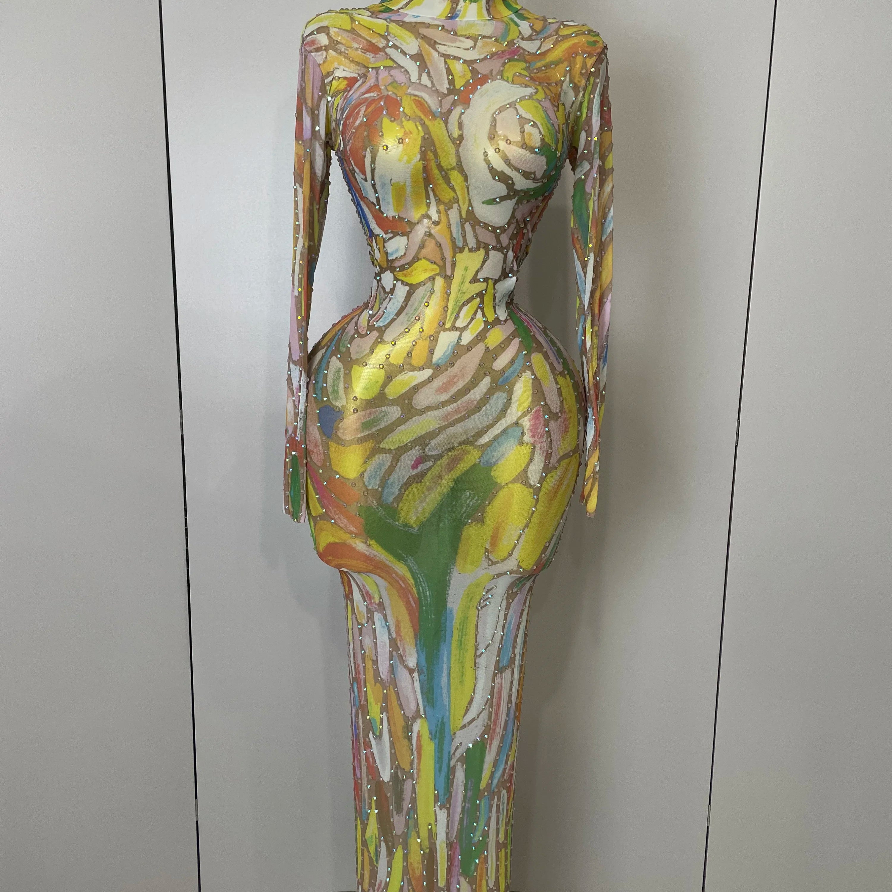 Sparkle Rhinestone High Neck Colorful Printed Long Dress 2025Women Sexy Evening Birthday Celebrate Stage Performance Costume