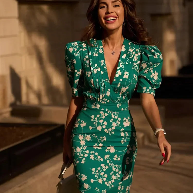 Fashion Printed V-neck Short Sleeved Long Dress Elegant High Waist Fishtail Bodycon Dress Summer Female Casual Vacation Robes Green