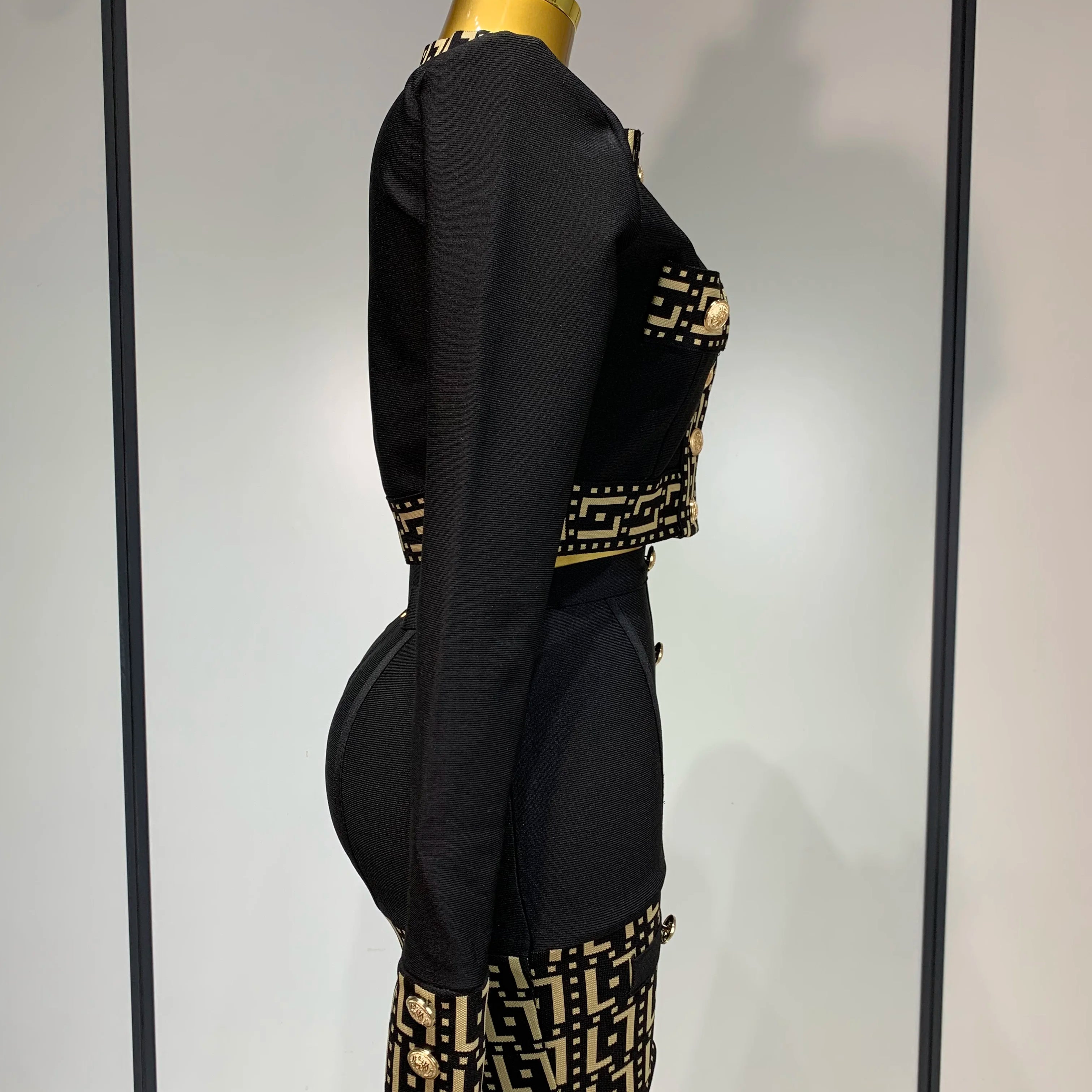 Women Black Long Sleeves Two Pieces Bandage Set Bottons Top Bodycon Mini Skirt Suit Evening Party Luxury Birthday Women's Outfit