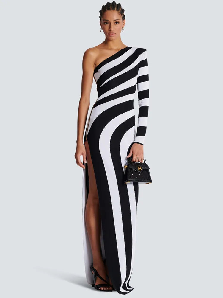 Women Celebrity Sexy One Shoulder Striped Jacquard Maxi Long Split Bodycon Bandage Dress 2024 Elegant Evening Club Party Dress