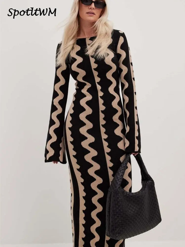 Striped Knitted O-neck Long Sleeve Midi Dresses Elegant Women Bodycon A-line Vestidos Female Fashion Casual Street Maxi Clothes