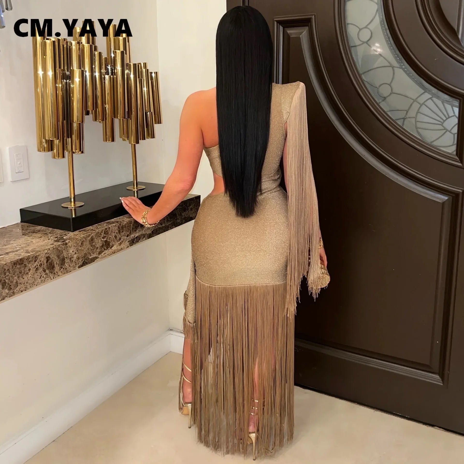 CM.YAYA Women One Shoulder Tassel Sleeveless Long Dress Diagonal Collar Summer Street Evening Sexy Night Party Dresses Vestidos