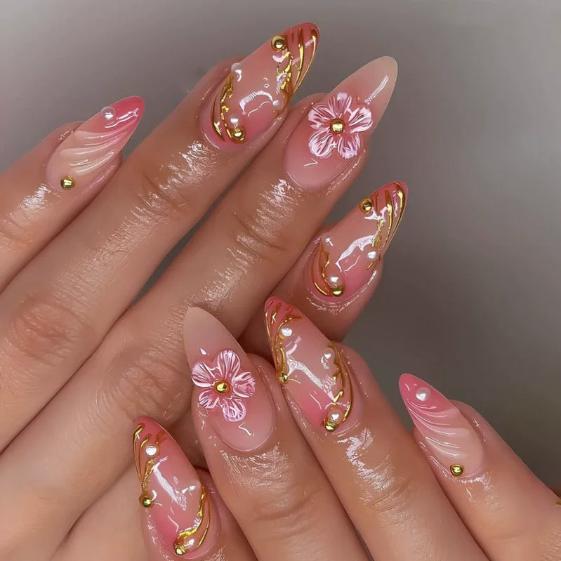 24Pcs 3D Pink Flower Wearable Nail Set Short Almond False Nails French Pearlescent Peach Pink Pearl Diamond Nail with Jelly Glue