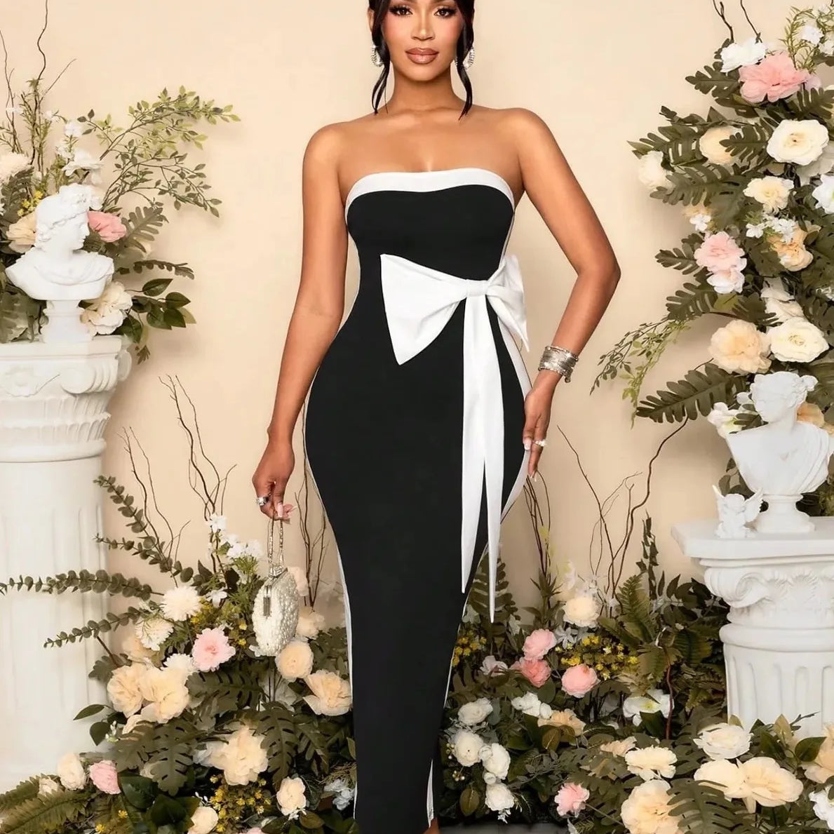 High Quality Women Sexy Strapless Off the Shoulder Bow Bodycon Long Bandage Dress Nightclub Party Celebrate Birthday Outfit