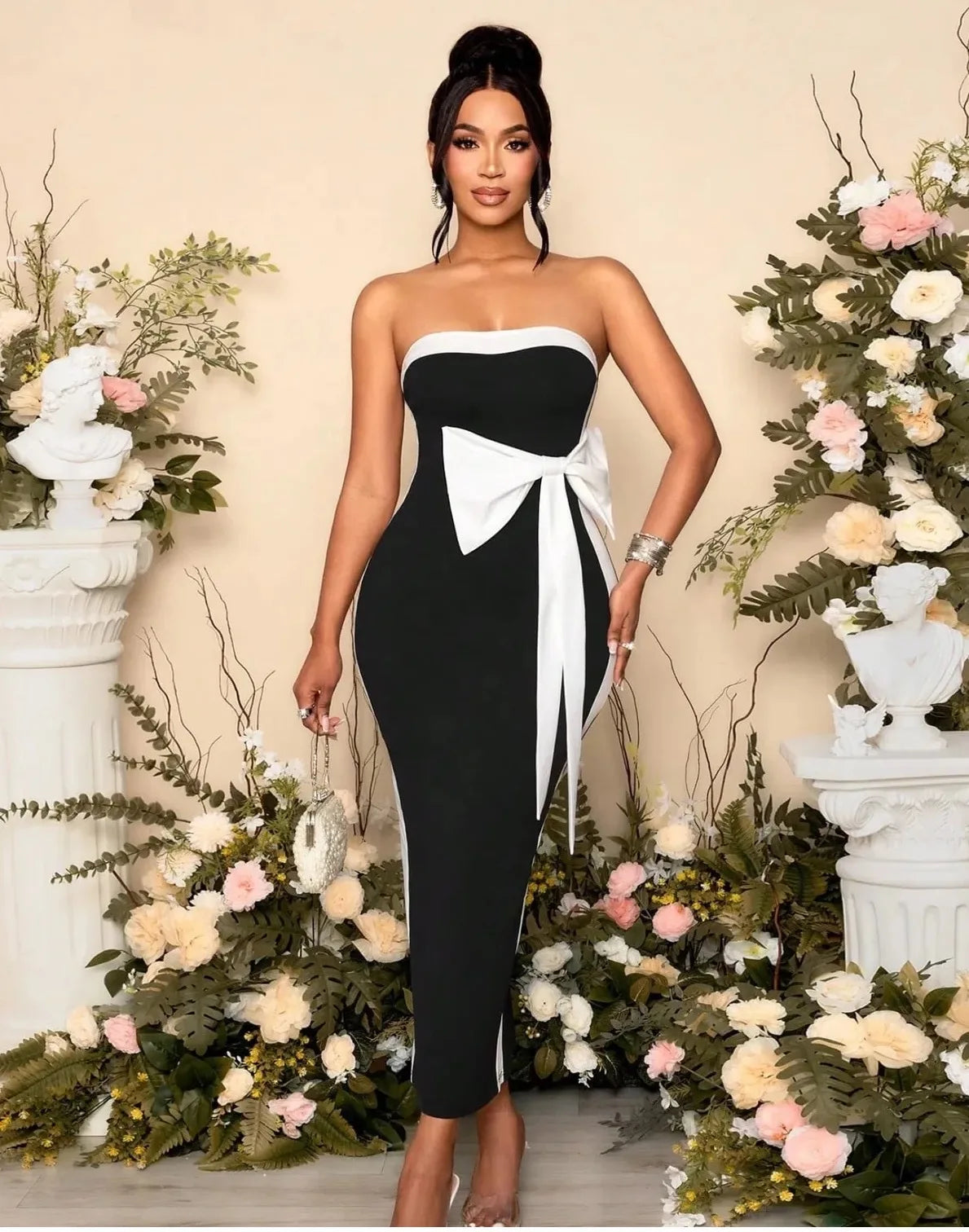 High Quality Women Sexy Strapless Off the Shoulder Bow Bodycon Long Bandage Dress Nightclub Party Celebrate Birthday Outfit