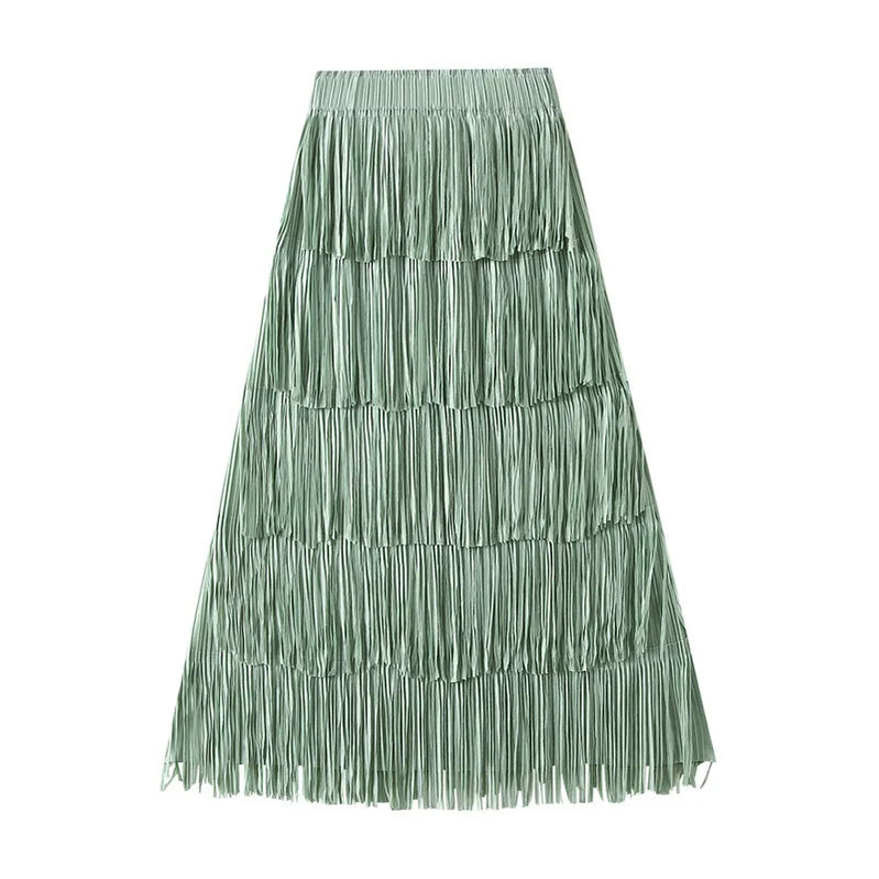 Pleated Tassel Long Skirts For Women High Waist Solid Color Stitching Elegant Party Clothing 2024 Summer Autumn Light Green One Size