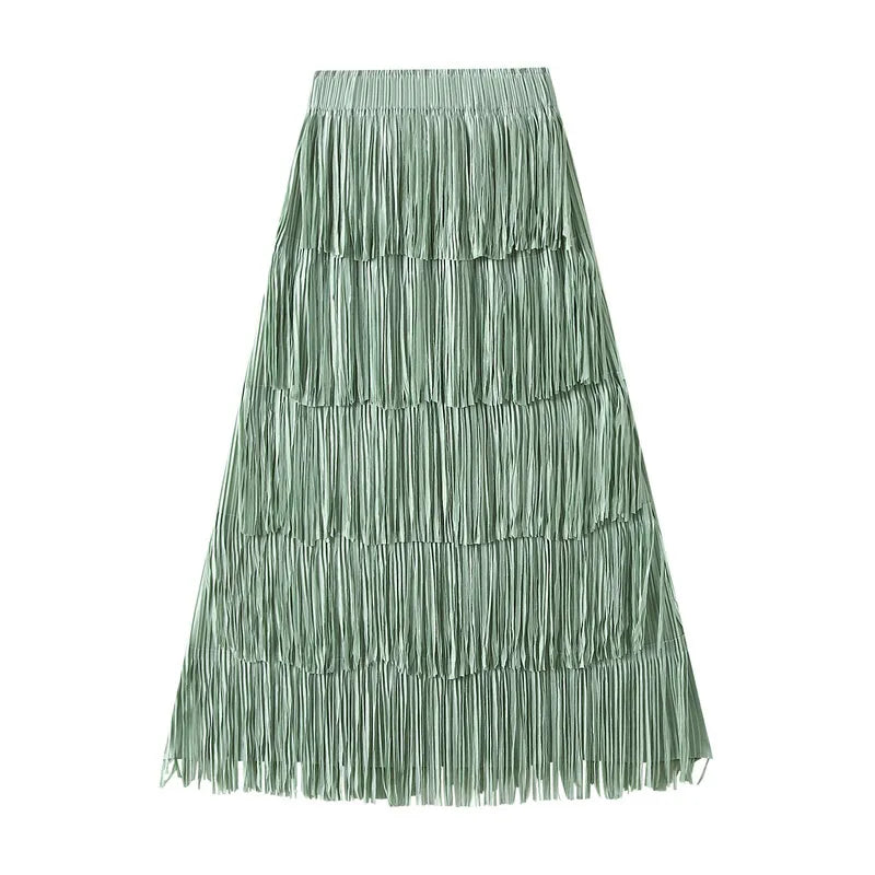 Pleated Tassel Long Skirts For Women High Waist Solid Color Stitching Elegant Party Clothing 2024 Summer Autumn Light Green One Size