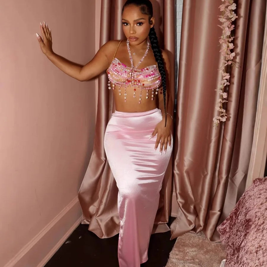 CM.YAYA Vintage Women Satin Bodycon Long Pencil Maxi Long Skirt 2025 Summer Sweet Holiday Beach Street INS Fashion OL Skirts Pink