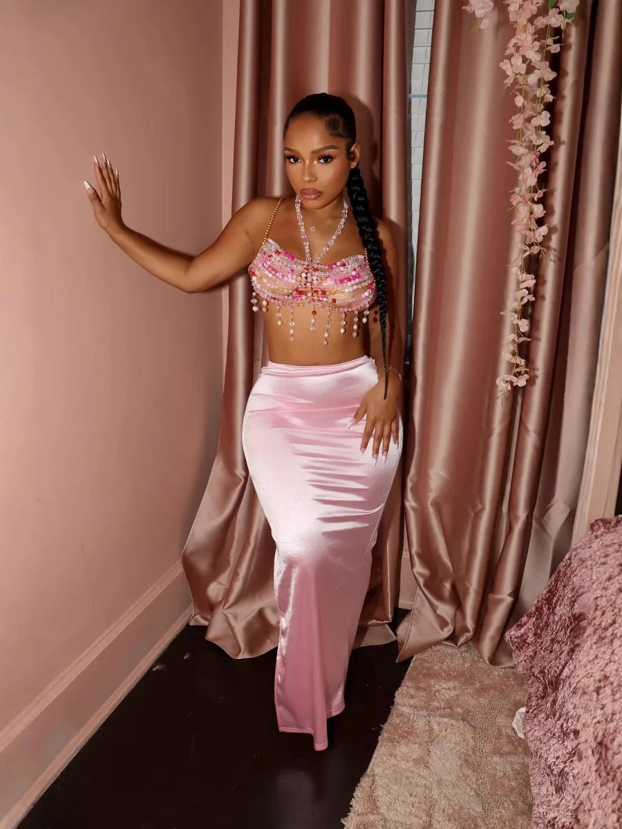 CM.YAYA Vintage Women Satin Bodycon Long Pencil Maxi Long Skirt 2025 Summer Sweet Holiday Beach Street INS Fashion OL Skirts Pink