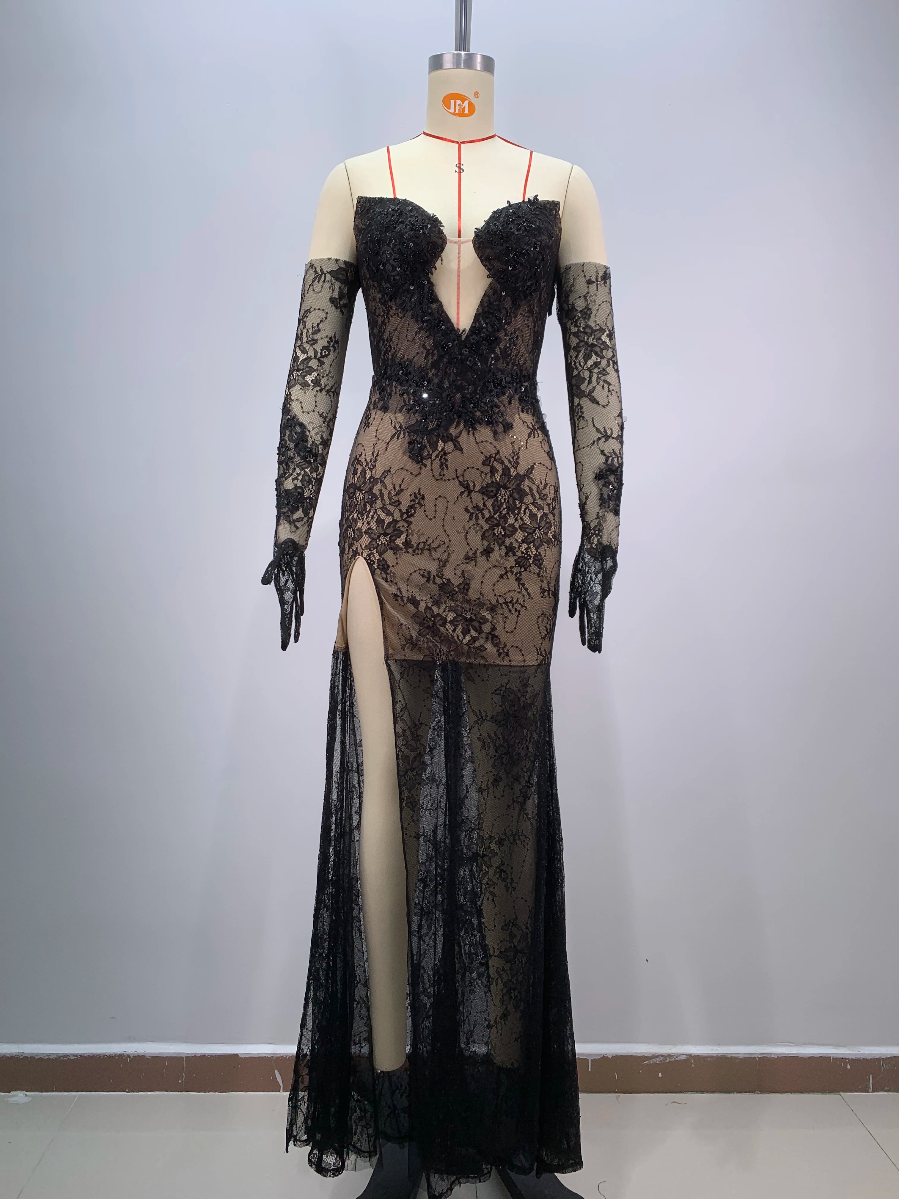 Fashion Gloves Sexy Mesh See Through Black Lace Strapless Midi Calf Dress Birthday Party Evening Dress Celebrity Party Dress