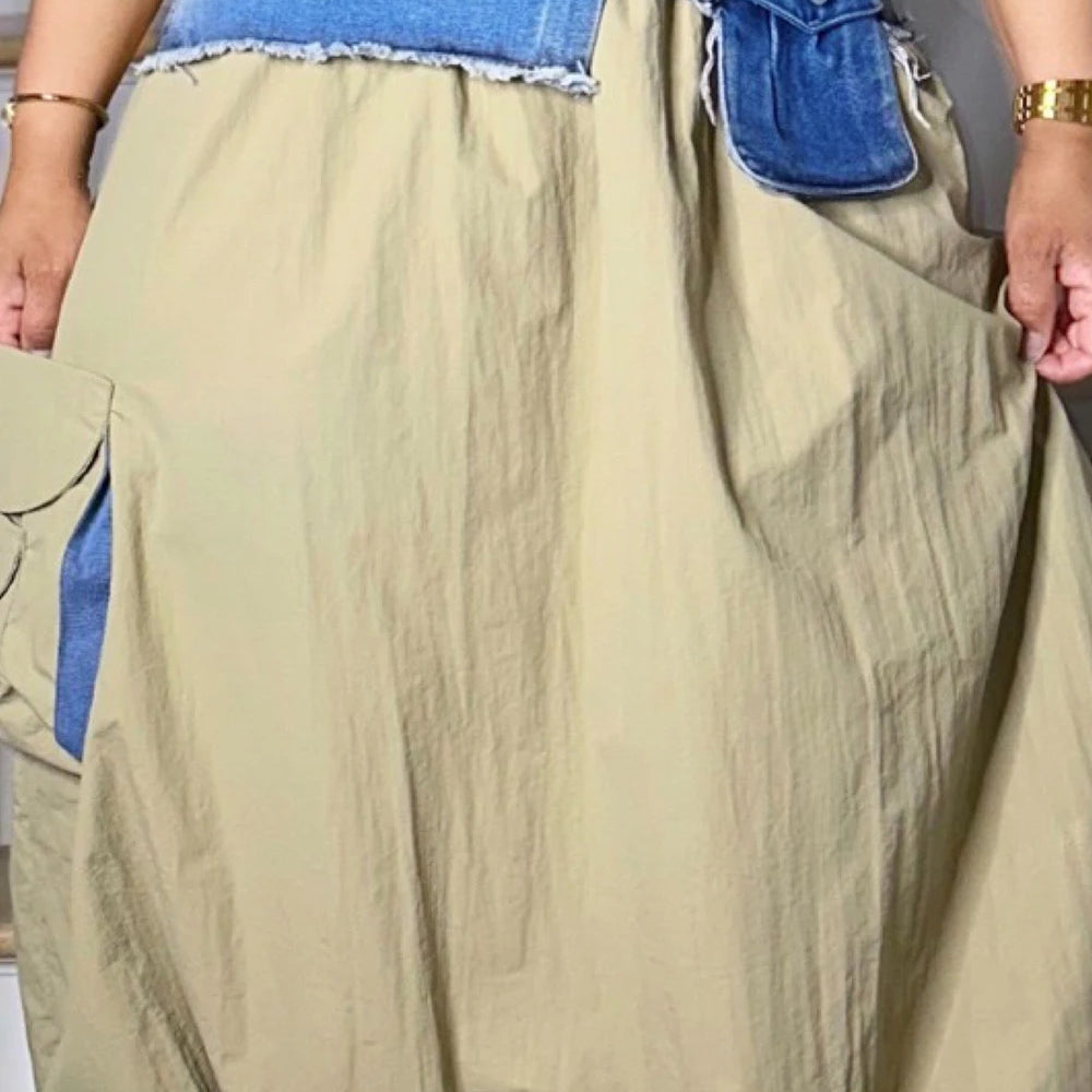 Plus Size Daily Green Shirt Collar Waistcoat Contrast Pocket Denim Two Piece Skirt Sets