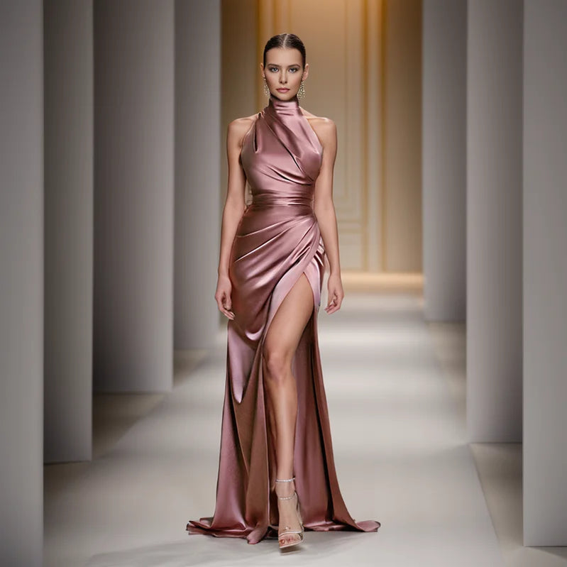 Ladies Satin New Evening Party Dresses Women Sleeveless Backless Halter Side Slit Sexy Elegant Maxi Dress Fashion Female Outfits Khaki