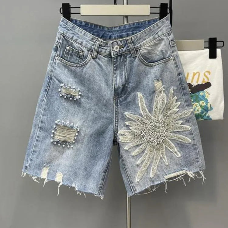 Summer Denim Shorts Women Tassel Sequin Beading Fashion Ripped Jeans Shorts High Waist Knee Length Pants Female Light Blue