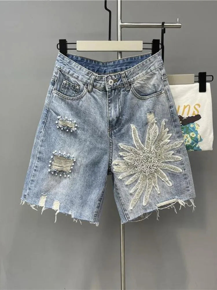 Summer Denim Shorts Women Tassel Sequin Beading Fashion Ripped Jeans Shorts High Waist Knee Length Pants Female Light Blue