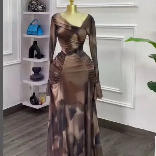 CM.YAYA Women Tie Dye Printed Skew Neck Flare Long Sleeve Ruched Stacked Maxi Long Dress 2025 Summer Birthday Sexy Party Dresses